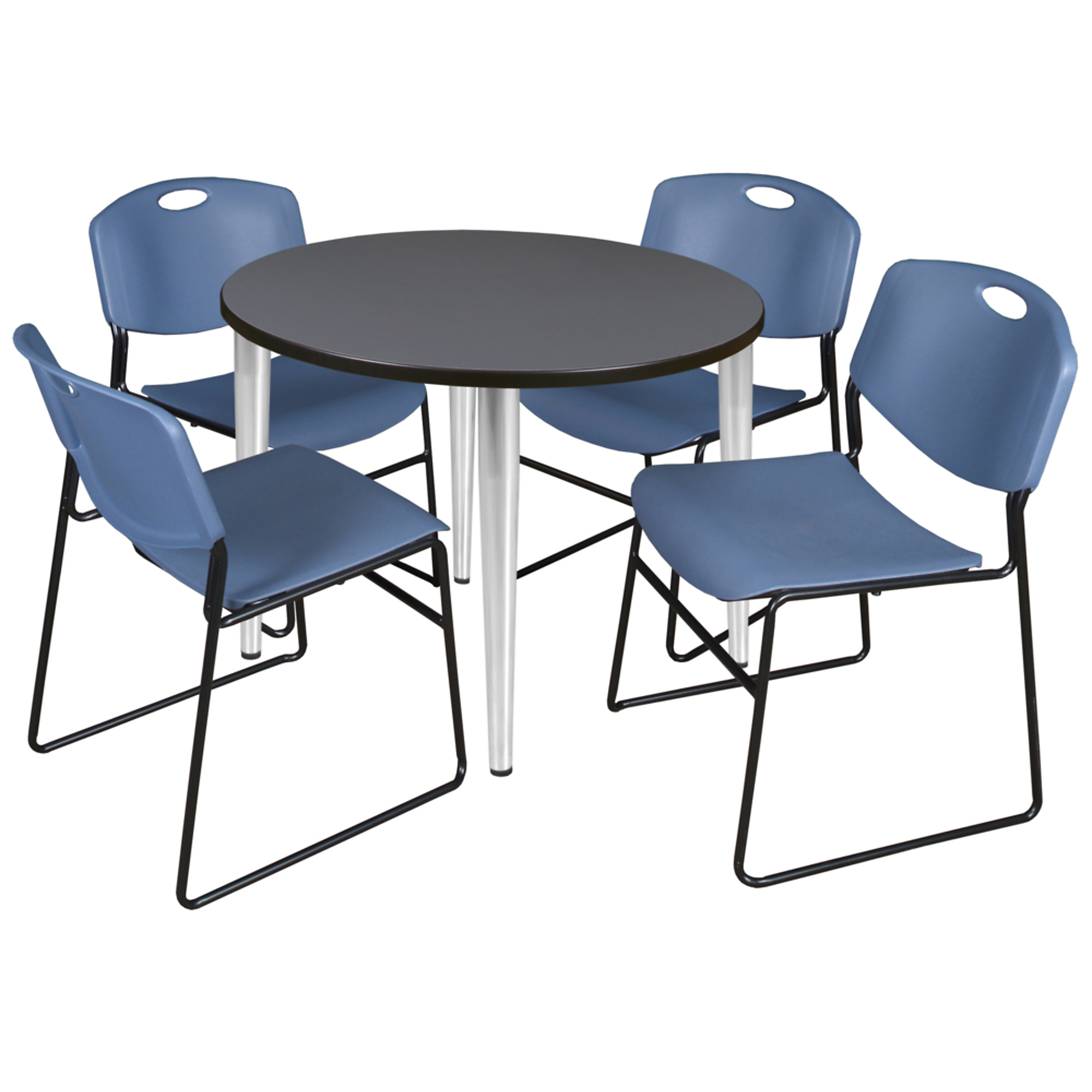 Regency Kahlo Breakroom Table Set — 36in. Round Grey Table, Chrome Base, 4 Blue Zeng Stack Chairs, Model# TPL36RNDGYCM44BE